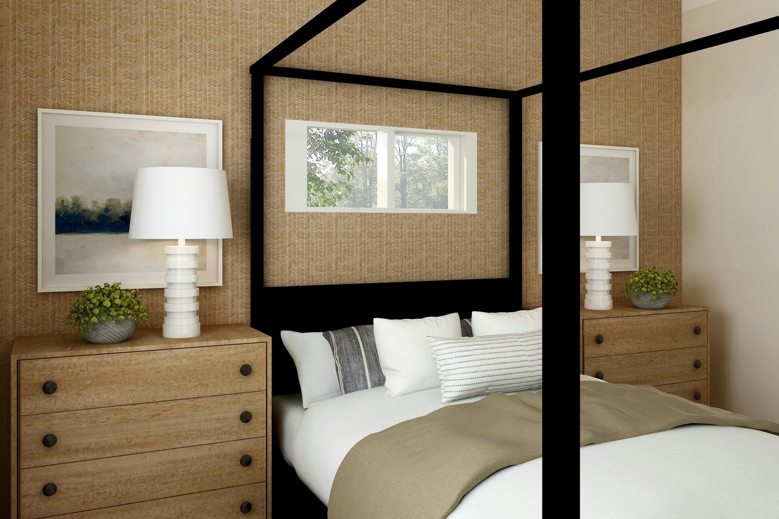 Person steht von einem Bett mit Holzrahmen auf