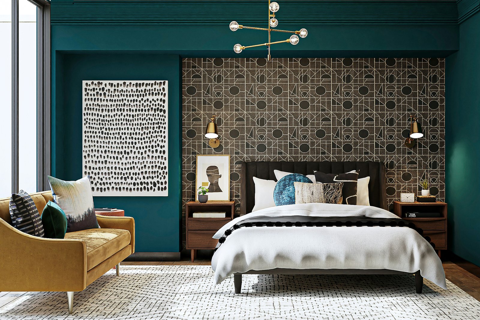 Person setzt sich auf ein Bett im Schlafzimmer